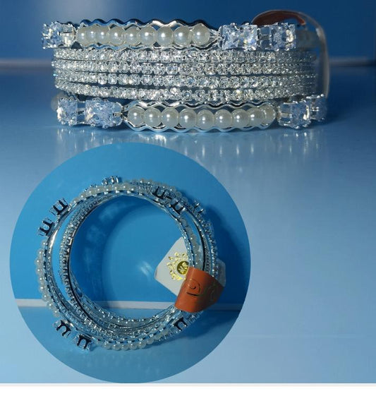 Crystal & Pearl Luxury Bangle Set – Bridal Silver Stack