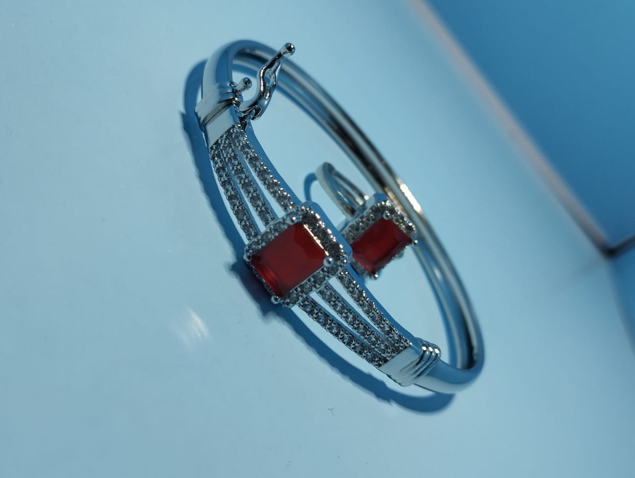 Ruby Red Square Stone Bracelet & Ring Set – Silver Plated