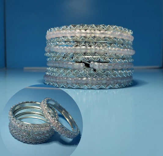 Pearl Pink & Silver Beaded Bangle Set – Elegant Stack