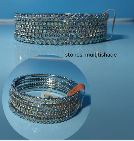 Multi-Shade AB Crystal Bangle Set – Silver Tone Full Stack